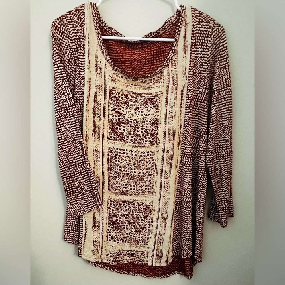 Lucky Brand Rust and Cream Patterned Top Size L